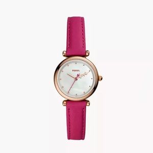 ✨BRAND NWT IN BOX✨ Fossil Carlie Mini Three-Hand Fuchsia Leather Love Watch 🩷💕